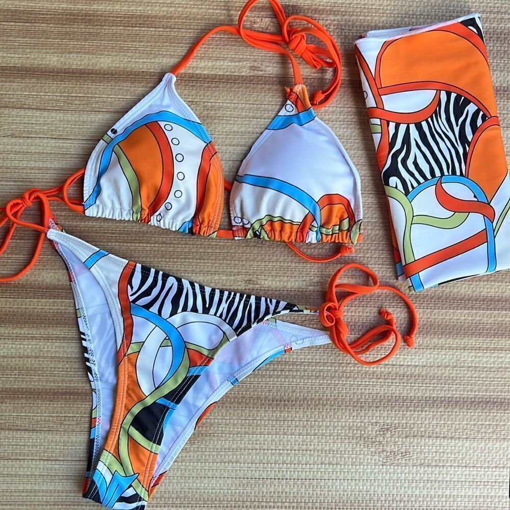 Three Piece Bikini Swim Set With Zebra Print - Picture 2 of 12